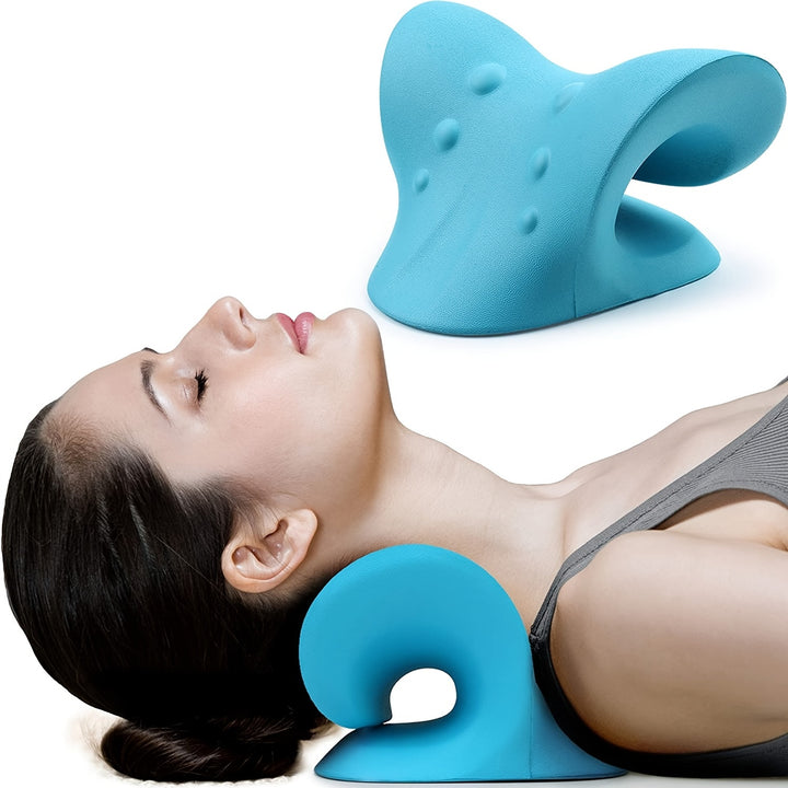 One Piece Neck And Shoulder Relaxer, Cervical Traction Device, Cervical Traction Pillow for Muscle Relaxation, Medium Hardness, Non-Woven Material, EVA Foam with Bamboo Fiber Cover (Blue)