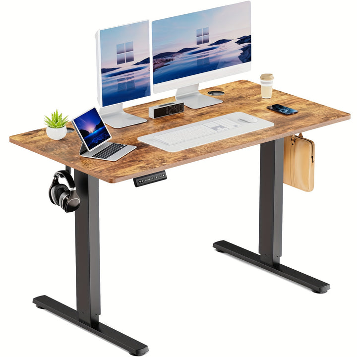 63" Adjustable Height Electric Standing Desk - Modern Wooden Workstation with 4-Panel Display Setup, Storage Shelf & Hooks for Home Office, Bedroom, or Gaming Room, Workspace Organizer | Sleek Metal Frame | Iron Construction,