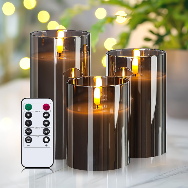 [3 Flameless Candles with Timer] 3pcs Flameless Candles with Remote Timer: 3D Candle Battery Powered LED Column Candles, Unbreakable Acrylic Fake Candle Set for Home Decoration Romantic Ambiance - Gray