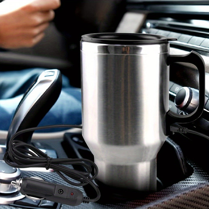 15.22oz Stainless Steel Car Heating Cup - Portable Insulated Travel Mug with 12V Cigarette Lighter, Spill-Proof Silicone Lid & Black Handle for Hot Drinks on the Go, Hot Coffee Travel Mug
