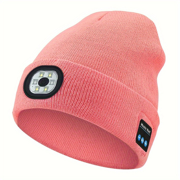 Gorro Sem Fio com Fones de Ouvido Integrados, Boné com Lanterna Recarregável por USB, para Atividades de Fitness ao Ar Livre no Inverno e Atividades Noturnas como Camping, Corrida, Esqui e Montanhismo, Presente de Natal Perfeito para Homens e Mulheres