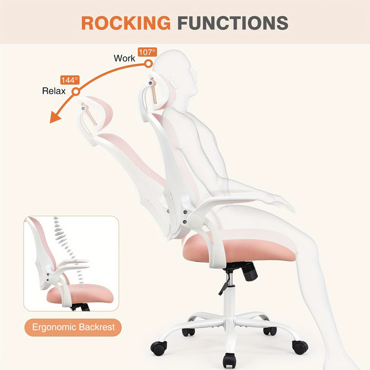 [High Back Ergonomic Computer Chair] OLIXIS Ergonomic Desk Computer Chair, High Back Comfort Swivel Home Gaming Mesh Chair With Wheels, Adjustable Headrest, Flip-Up Armrests, 144° Tilt, Suitable For Studying