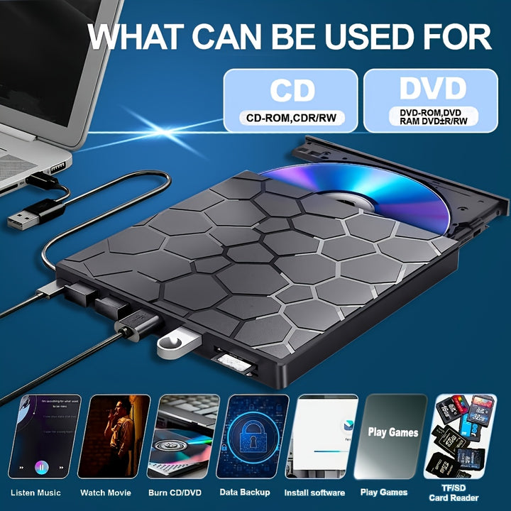 [Portable DVD Drive For Laptop] External CD/DVD Drive For Laptop, DVD Player For Laptop, 8 In 1 USB 3.0 Ultra-Slim Portable, DVD/ CD Burner External Disk Drive Optical Compatible With Laptop Desktop Mac, Windows 11/10/8/7 Lin