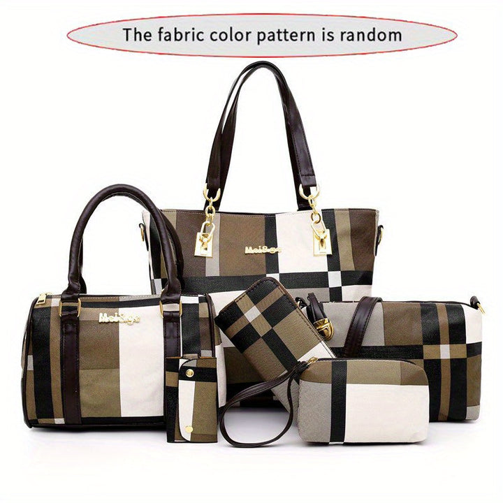 Large Capacity 6pcs/set Checkered Pattern Bag - Shoulder, Crossbody, Clutch, Long & Short Wallet