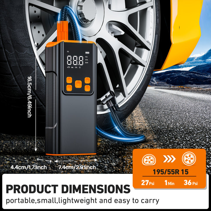Portable Air Compressor - 150PSI Tire Inflator with Pressure Gauge, High-Capacity, 3X Faster for Cars, Bikes, Motorcycle Tires