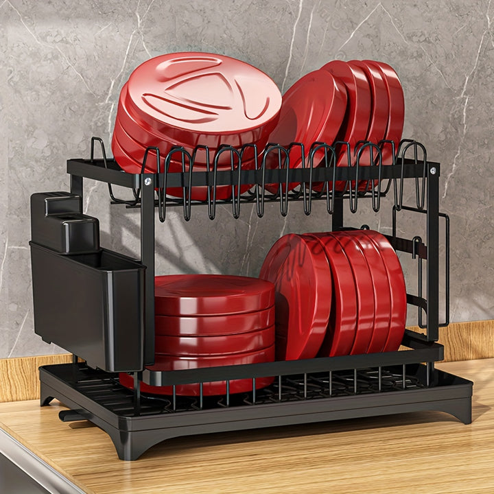 1pc Dish Drying Rack for Kitchen Counter Over The Sink, Detachable Larger Capacity 2-Tier Dish Drying Rack Drainboard with Double-Layer Bowl Rack, Cup Rack, Drain Board, Sticky Board Rack, Cutlery Rack, Black & White