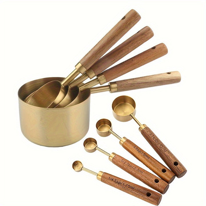 [8pcs Stainless Steel Measuring Cup] 8pcs Stainless Steel Measuring Cup And Spoon Set | Acacia Wooden Handle For Dry Goods And Liquid Ingredients, Baking Tools DIY, Seasoning Spoon Take Powder Spoon Coffee Spoon