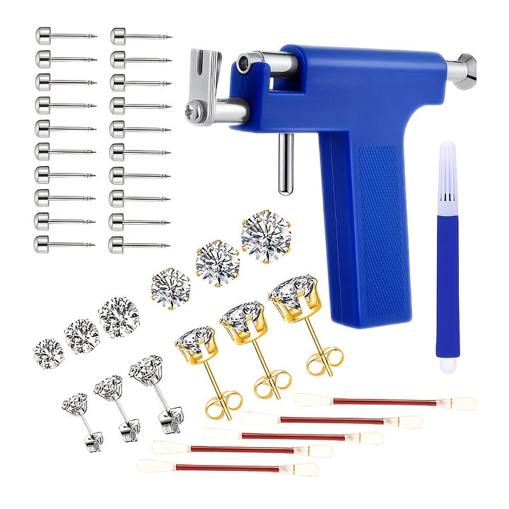 [16 Pairs Hypoallergenic Ear Piercing Gun] Professional Ear Piercing Gun Kit Reusable for Body Nose Lip Piercing with 16 Pairs Hypoallergenic Earrings