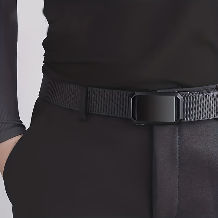 Men's Sleek Black Canvas Belt with Automatic Buckle - Perfect for Jeans, Outdoor Leisure & Sports Training