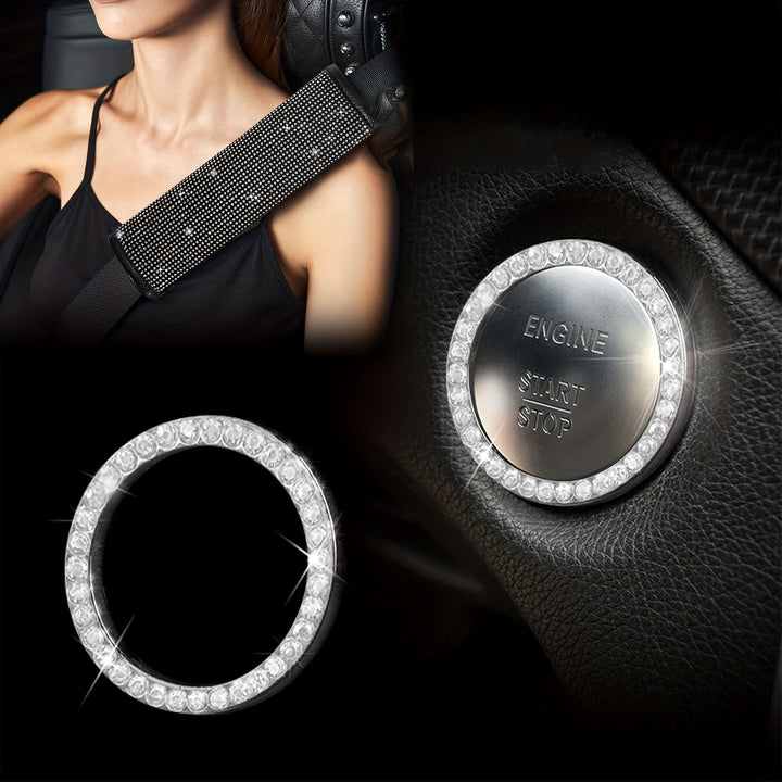 Bling Car Accessories for Women, Bling Steering Wheel Cover Bling Car Coasters Bling Set Seat Belt Shoulder Pads Ring Emblem Sticker Gear Shift Cover
