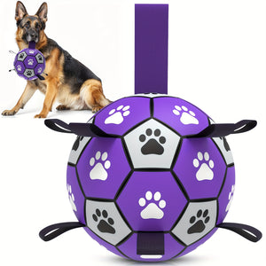 Purple and Black Durable Rubber Interactive Dog Soccer Ball Toy - Paw Print Design, Straps for Tug-of-War, Ideal for Small to Large Breeds, Indoor & Outdoor Play