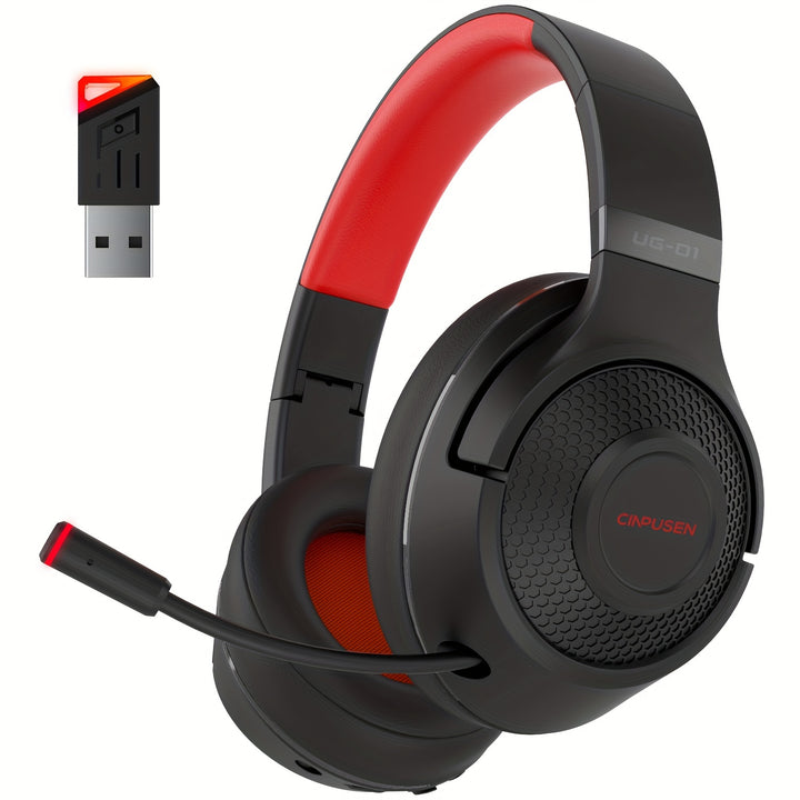 CINPUSEN UG-01 Wireless Gaming Headset with Microphone - Over-Ear, Noise-Canceling, 40 Hours Playtime, Soft Faux Leather Earmuffs, Comfortable & Adjustable for PC, PS5, PS4, for MacBook, Cell Phones - Black & Red