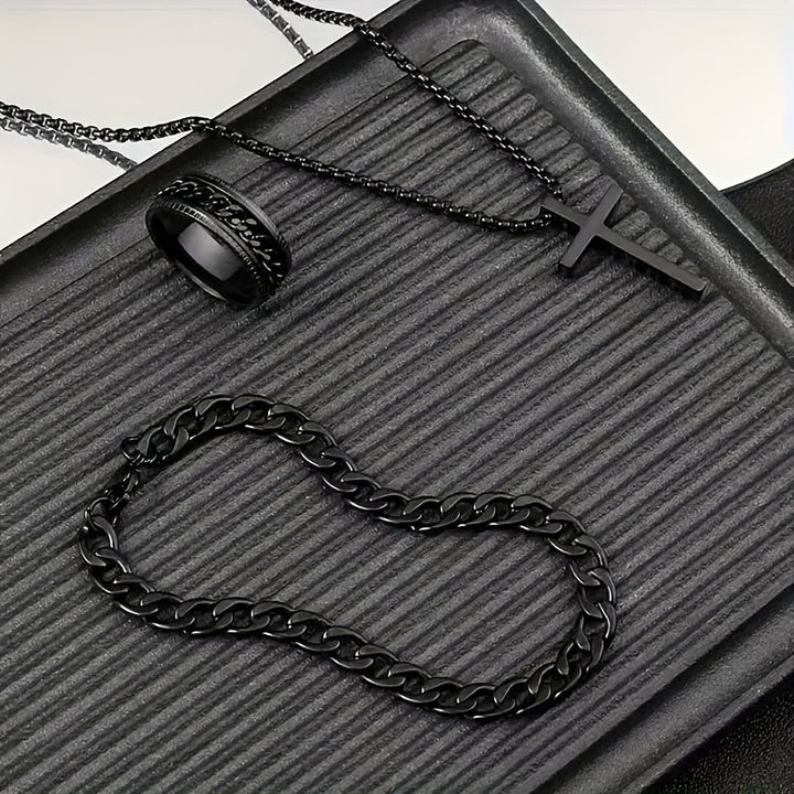 3pcs Men'S Alloy Jewelry Set - Black Boho Style Chain Necklace With Cross Pendant, Matching Bracelet & Ring - Hypoallergenic Fashion Accessories For Autumn Outfits, Jesus, Valentine'S Day Gift