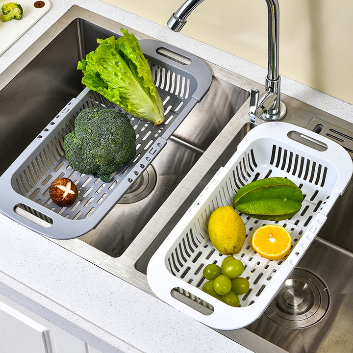 [1pc Retractable Kitchen Basket] 1pc Retractable Drain Rack - Kitchen Basket For Vegetables And Dishes, Plastic Dish Rack With Filter Basket - 13.5in/7.2in/2.5in - Easy To Clean And Store