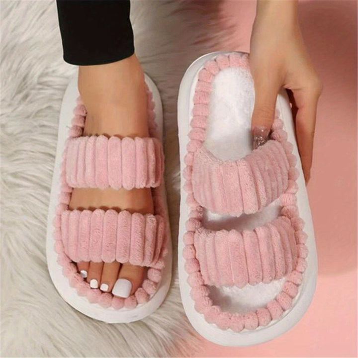 Double Straps Plush Women's Non Slip Comfy Slides Shoes, Solid Color Open Toe Fashion Indoor Platform Slippers
