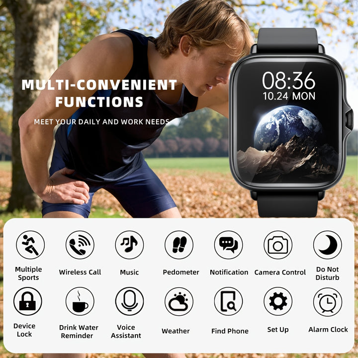 Montre de sport intelligente, écran tactile complet de 1,83'' avec messages, réponse et appel, surveillance du sommeil, podomètre sportif, alertes d'information, pour iPhone et téléphones Android, montre de fitness pour femmes, hommes et amis.