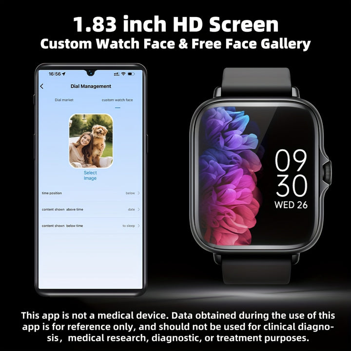 Montre de sport intelligente, écran tactile complet de 1,83'' avec messages, réponse et appel, surveillance du sommeil, podomètre sportif, alertes d'information, pour iPhone et téléphones Android, montre de fitness pour femmes, hommes et amis.