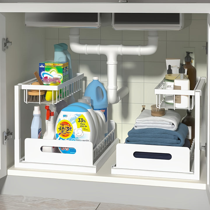 Two-Level Organizers for Under The Sink, Featuring a Sliding Pull-Out Shelf Made of Metal