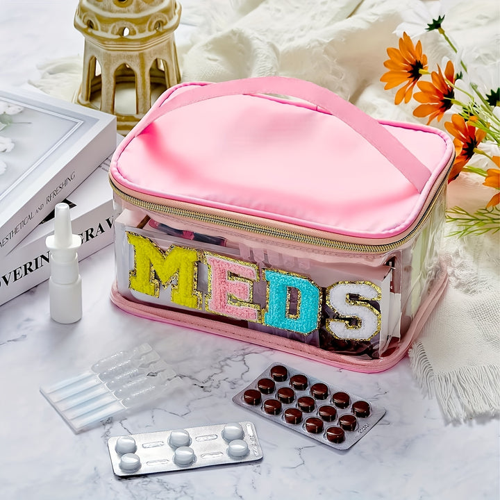 Chic Waterproof PVC Cosmetic Bag with Plush Chenille "MEDS" Letters - Portable, Large Capacity Travel Organizer with Zipper Closure, Easy to Clean - Preppy Style Patchwork Makeup Storage for Women and Girls in Pink/Blue/Turqu