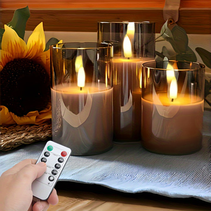 [3 Flameless Candles with Timer] 3pcs Flameless Candles with Remote Timer: 3D Candle Battery Powered LED Column Candles, Unbreakable Acrylic Fake Candle Set for Home Decoration Romantic Ambiance - Gray