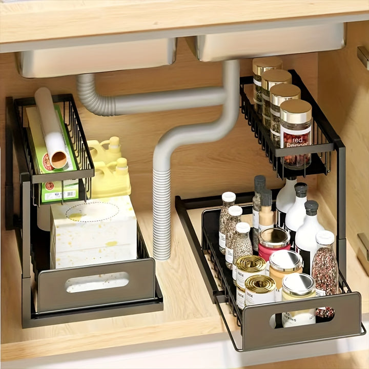 Two-Level Organizers for Under The Sink, Featuring a Sliding Pull-Out Shelf Made of Metal