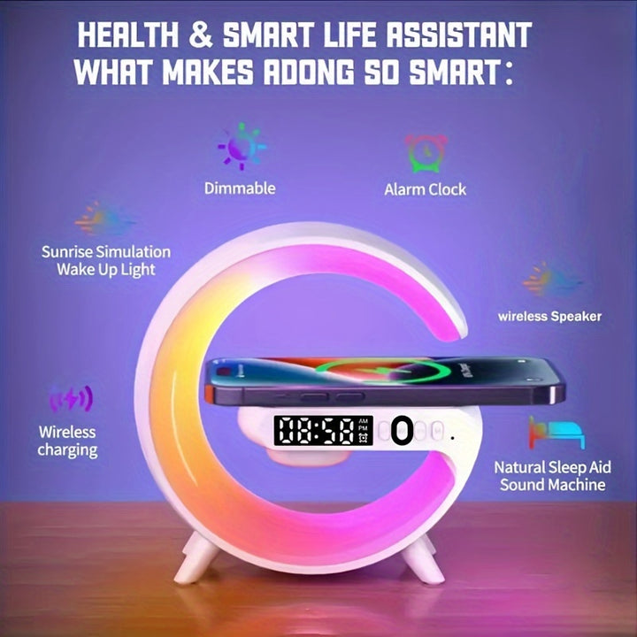 Smart RGB Wireless Speaker with Wireless Charging - Multifunctional Bedside Lamp, Wake-Up Music & Sunrise Alarm Clock, Time Display, Sleep Aid Lighting - Perfect Gift for Everyone