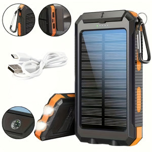 Cargador portátil USB banco de energía solar para teléfonos celulares, batería externa de respaldo para camping, salida de doble puerto USB de 5V, 2 luces LED linterna con puntero