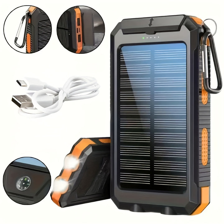 USB Tragbares Ladegerät Solar Power Bank für Handys, Camping Externe Backup-Batteriepack Dual 5V USB Port Ausgang, 2 LED Lichter Taschenlampe mit Zeiger