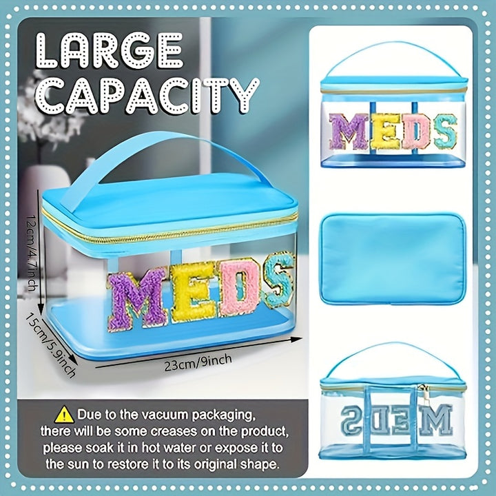 Chic Waterproof PVC Cosmetic Bag with Plush Chenille "MEDS" Letters - Portable, Large Capacity Travel Organizer with Zipper Closure, Easy to Clean - Preppy Style Patchwork Makeup Storage for Women and Girls in Pink/Blue/Turqu