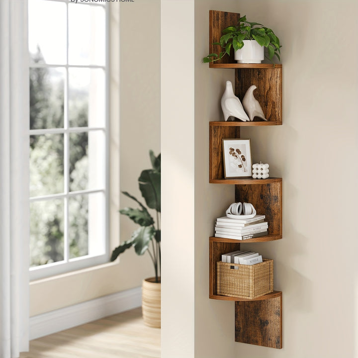 Organisateur d'étagère d'angle mural à 5 niveaux - Étagère de rangement flottante à design radial - pour chambre, salle de bain, salon et bureau à domicile