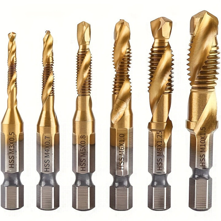[Titanium Drill Bit Set] GOXAWEE 6pcs Titanium Drill Tap Combination Bit Set - 1/4" Hex Shank Screw Tapping Countersink Drill Bits - Metric Thread M3 M4 M5 M6 M8 M10 Taps Tool for Wood, Plastic & Metal