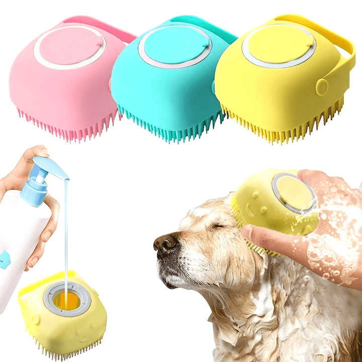 Gentle Silicone Pet Brush For Dogs And Cats - Massages And Cleans With Built-In Shower Gel Dispenser