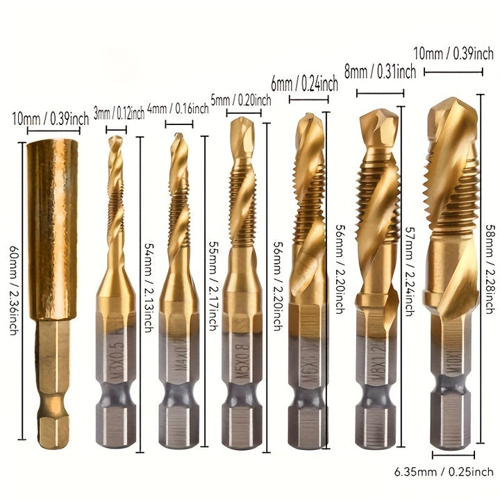[Titanium Drill Bit Set] GOXAWEE 6pcs Titanium Drill Tap Combination Bit Set - 1/4" Hex Shank Screw Tapping Countersink Drill Bits - Metric Thread M3 M4 M5 M6 M8 M10 Taps Tool for Wood, Plastic & Metal