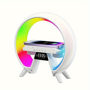 Altoparlante Wireless Portatile con Illuminazione Ambientale RGB, Orologio Sveglia e Alimentazione USB/Batteria - Bianco