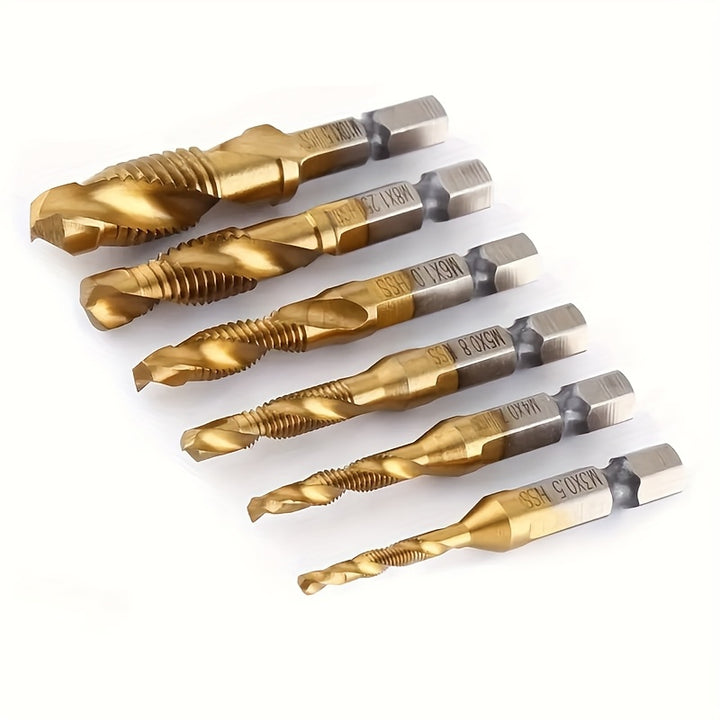 [Titanium Drill Bit Set] GOXAWEE 6pcs Titanium Drill Tap Combination Bit Set - 1/4" Hex Shank Screw Tapping Countersink Drill Bits - Metric Thread M3 M4 M5 M6 M8 M10 Taps Tool for Wood, Plastic & Metal
