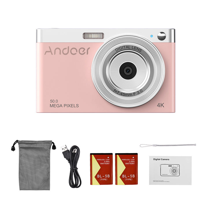 Lixada Andoer Compact 4K Ultra HD Digital Camera - Pink, 50MP, 7.32cm IPS Screen, Auto Focus, 16X Zoom, Anti-Shake, Face Detection, Built-in Flash, Includes 2 Batteries, USB Cable, Wrist Strap & Carry Bag - Perfect for On-the