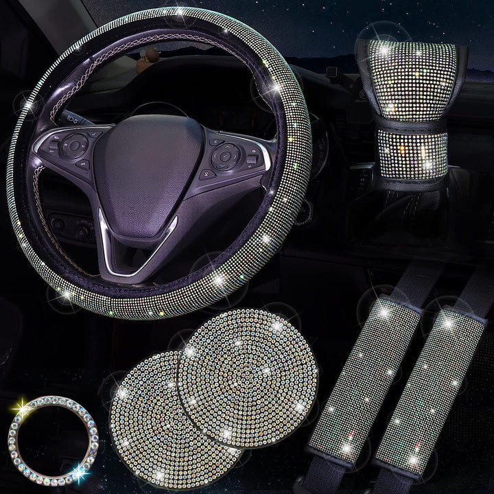 Bling Car Accessories for Women, Bling Steering Wheel Cover Bling Car Coasters Bling Set Seat Belt Shoulder Pads Ring Emblem Sticker Gear Shift Cover