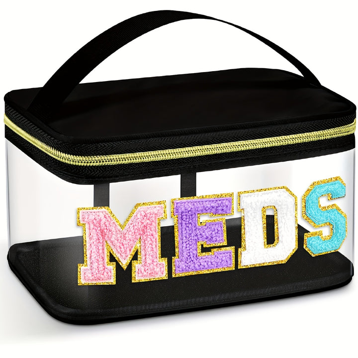Chic Waterproof PVC Cosmetic Bag with Plush Chenille "MEDS" Letters - Portable, Large Capacity Travel Organizer with Zipper Closure, Easy to Clean - Preppy Style Patchwork Makeup Storage for Women and Girls in Pink/Blue/Turqu