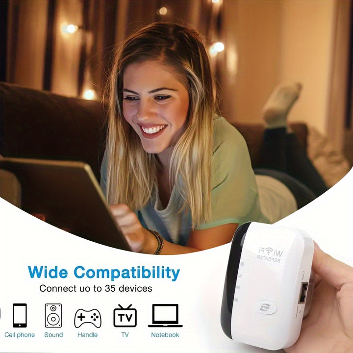 1pc Ourlife N300 WiFi Extender - Amplify Your Internet Range up to 2640sq.ft, Long-Range Signal Booster with Ethernet Port, Easy One-Tap Setup, Alexa Compatible - Modern Wireless Internet Amplifier for Home and Office, Europe