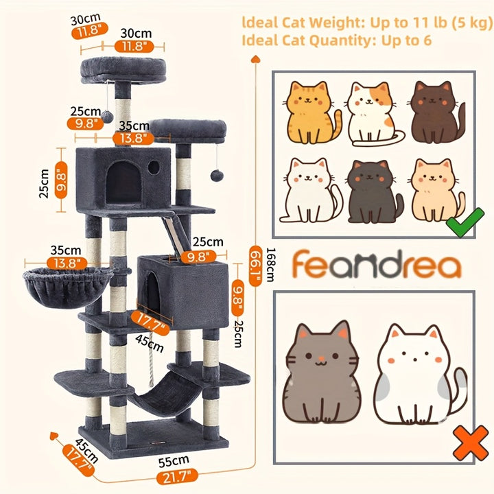 Feandrea 66.1/44.1in Cat Tree, Large Cat Tower with 13 Scratching Posts, 2 Perches, 2 Caves, Hanging Basket & Hammock, Pompoms, Stable Kitty Play House, Multi-Level Plush Cat Condo for Indoor Cats, Easy to Assemble, Perfect G