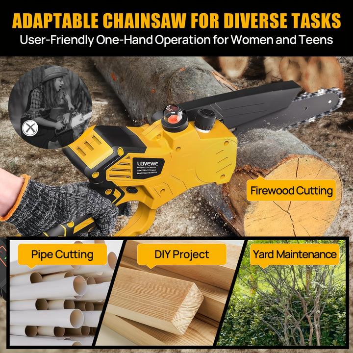 Mini Chainsaw Cordless, 6 Inch Handheld Electric Chain Saw with 3.0Ah Battery, 23ft/S Speed-Automatic Chain Tensioning & Auto Oiler for Tree Branches, Courtyard, Household, Garden, Ideal Gift for Men, Husband, Dad