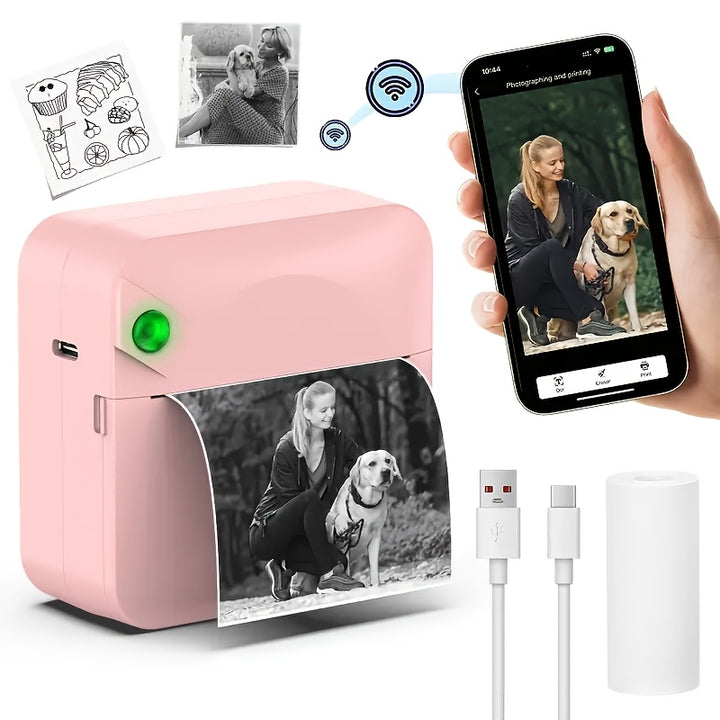 Micro Printer, Pocket Printer, Inkless Sticker Thermal Printer with 1 Roll of Thermal Paper, Wireless Portable Receipt Printer