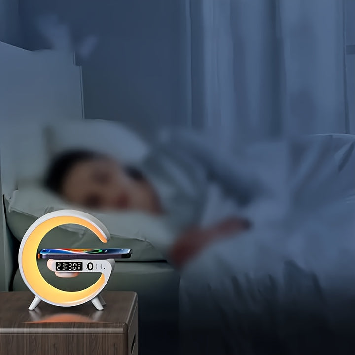 Smart RGB Wireless Speaker with Wireless Charging - Multifunctional Bedside Lamp, Wake-Up Music & Sunrise Alarm Clock, Time Display, Sleep Aid Lighting - Perfect Gift for Everyone