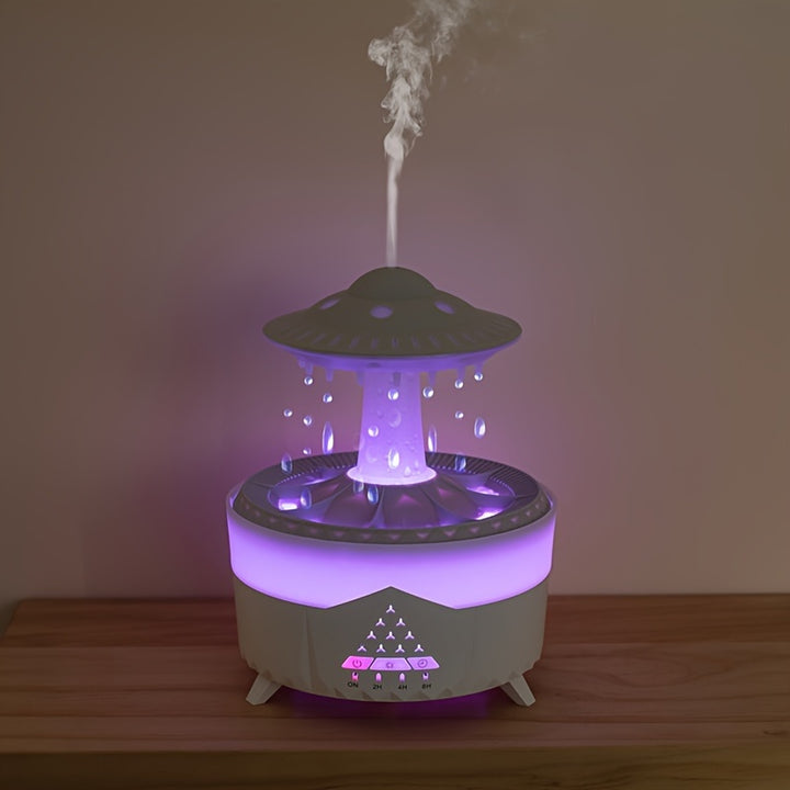 UFO Design Aromatherapy Humidifier with Rainbow Night Light, 11.83oz Capacity, Remote Control, 110V/220V Dual Voltage, US Plug, Essential Oil Compatible, Water Shortage Protection, Atomization Mode, <33.81oz Tank, <10㎡ Area