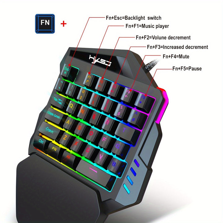 HXSJ Gaming One-Handed Keyboard And Mouse Set with 35 Keys, Dual-Color Injection Molded Keycaps, Colorful Backlight, USB Plug-And-Play Optical Mouse Combo Suitable for Gaming.