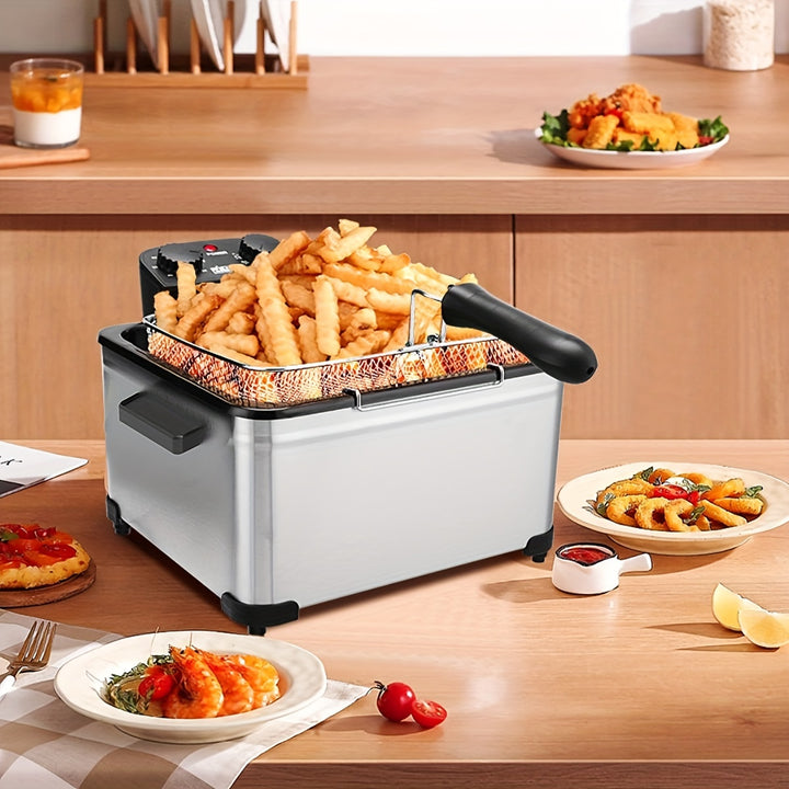 Stainless Steel 1pc 5.3QT Deep Fryer with Basket - Electric Fryer with View Window Lid, Adjustable Temperature & Timer, 1800W - US Plug for Fried Chicken, Shrimp, French Fries