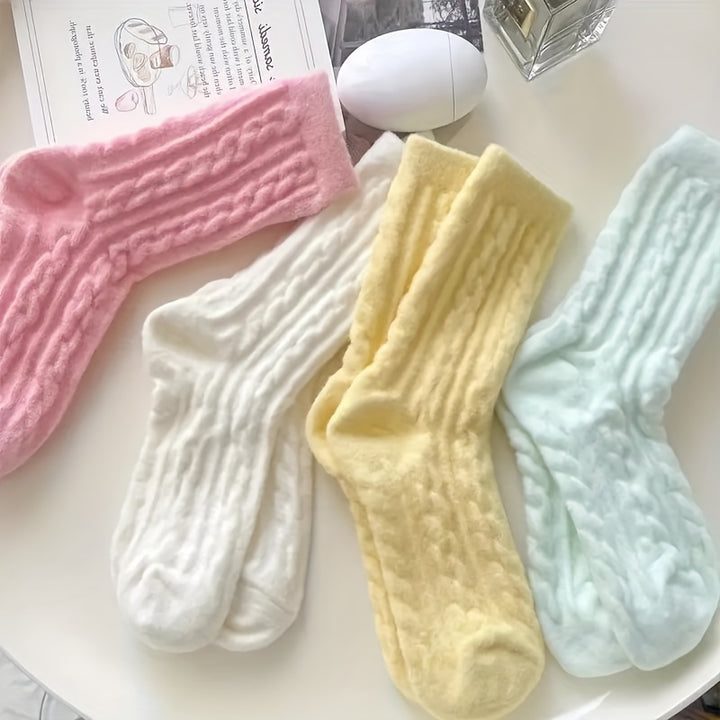 5 Pairs Women's Twisted Pattern Socks - Soft, Warm, Plush Mid-Calf | Candy-Colored, Smooth, Knitted Thigh-High Socks, Perfect for Gifts