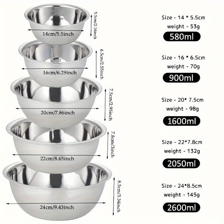 Stainless Steel 5pcs Mixing Bowls - Cooking Bowl With Scale - Great For Cooking, Baking, Prepping, Household Kitchen Cooking Basin