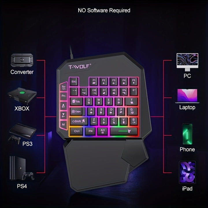 T-WOLF RGB Backlit 35 Key Portable Mini Gaming Keyboard, Ergonomically Designed Game Controller, Specially Designed for PC Players with One Handed Gaming Keyboard, Throne Left Hand Small Keyboard, Mobile Phone One Handed Keyb