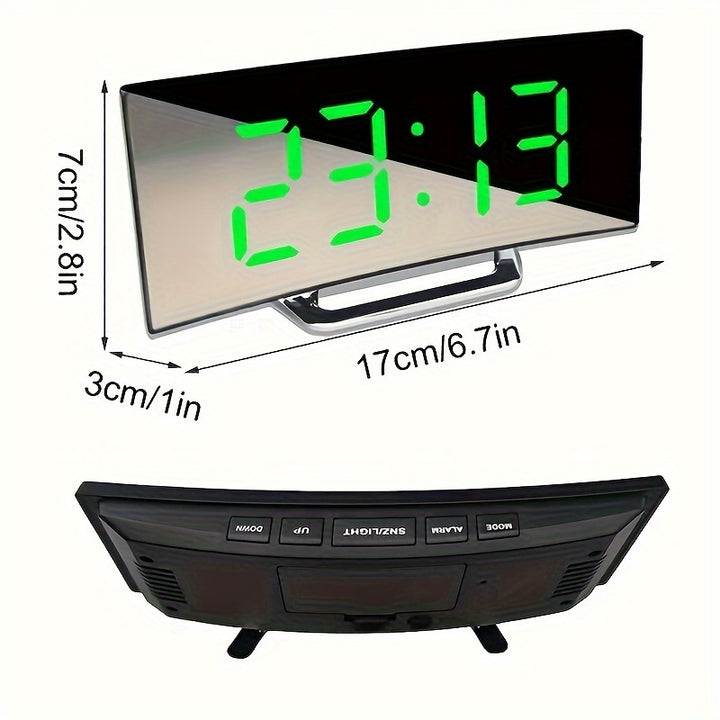 Modern LED Mirror Clock with Curved Display - Silent Digital Alarm, Dimmable, USB or Battery Powered, ABS Material - Perfect for Home Decor